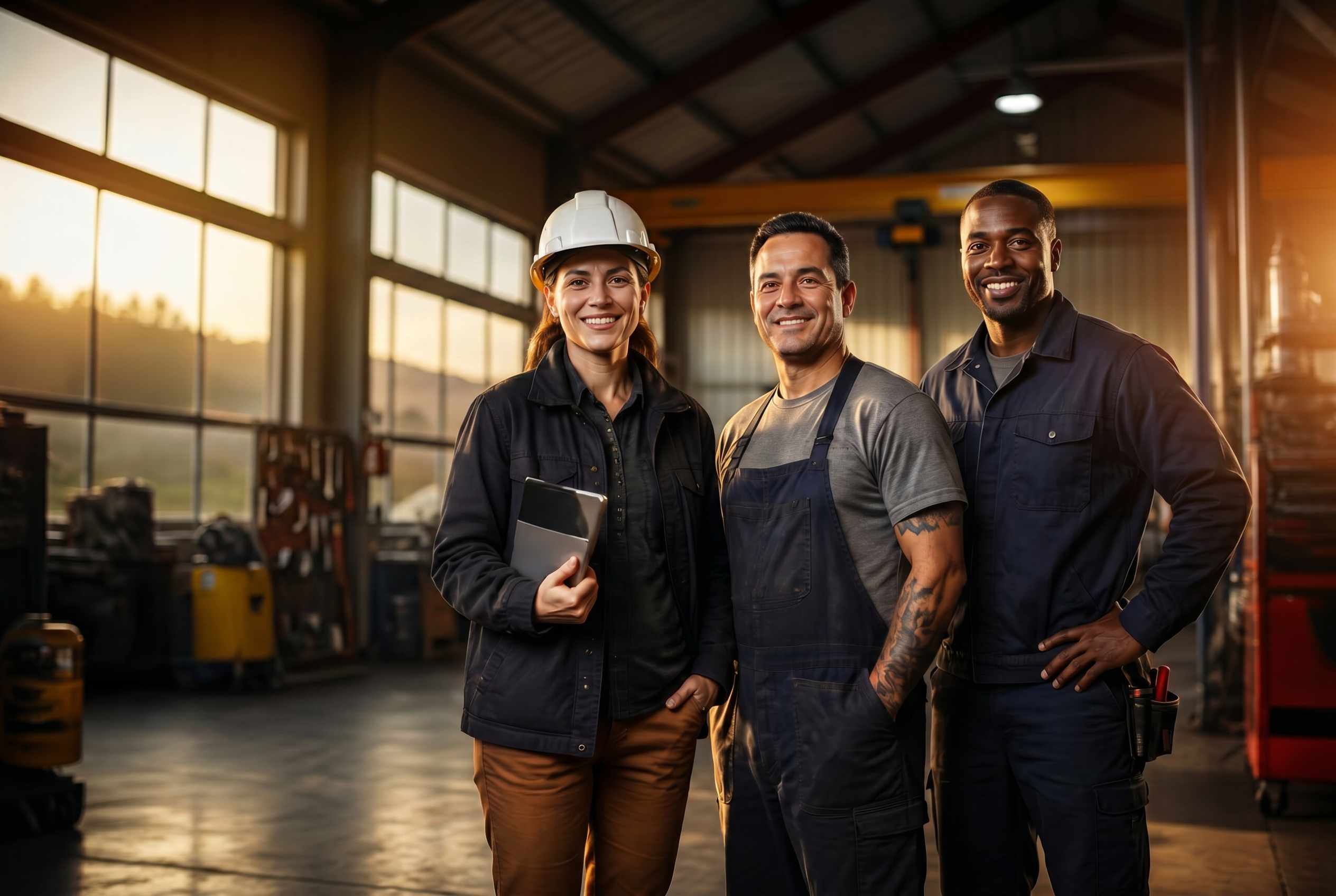 Smiling owner-led trades and service business owners in a Pacific Northwest warehouse